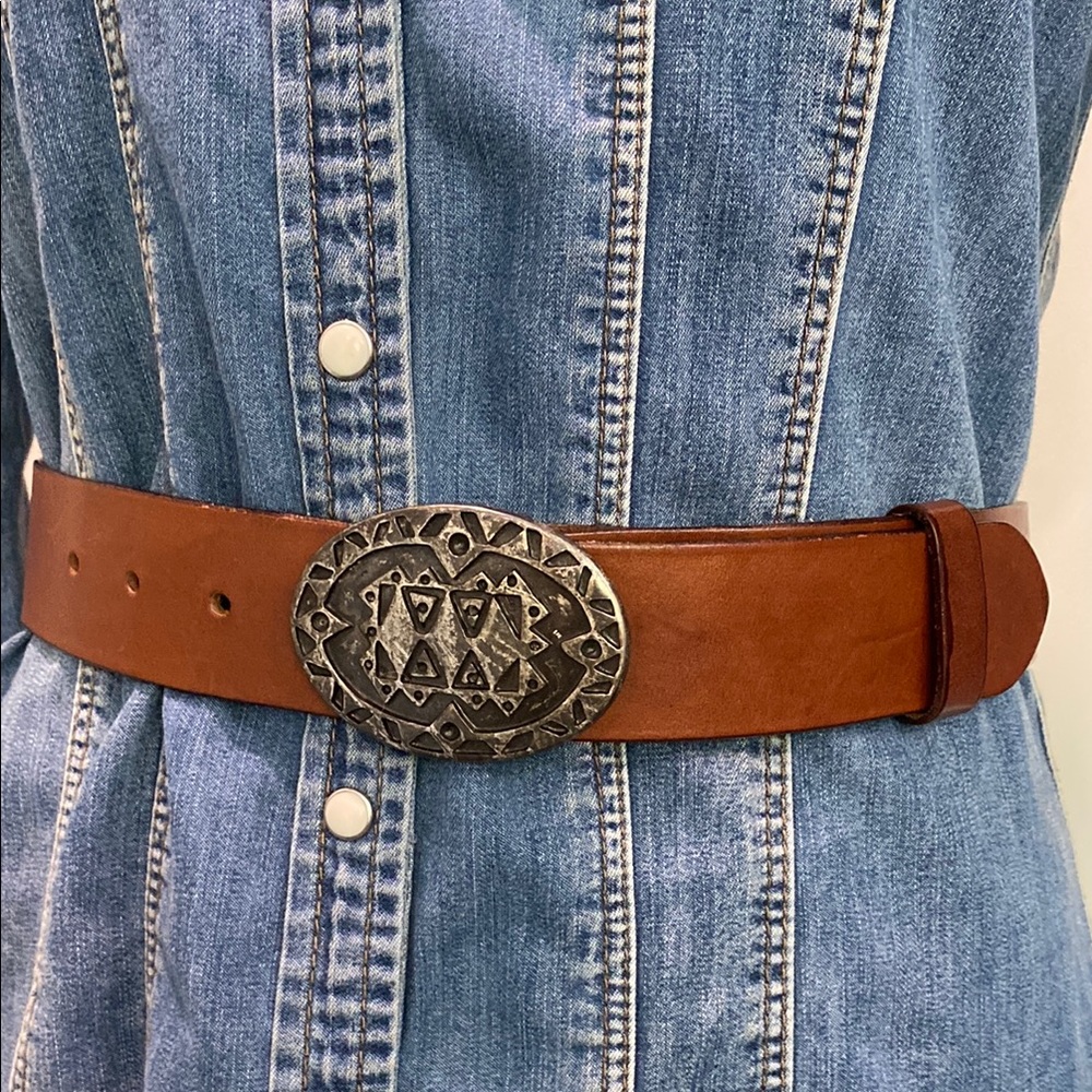 Esprit Brown leather Belt with Aztec Buckle Size medium